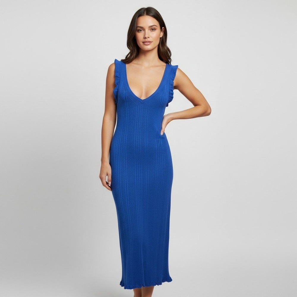 Daily Practice Anthropologie Blue Ribbed Knit Ruffle Midi Dress Size Small